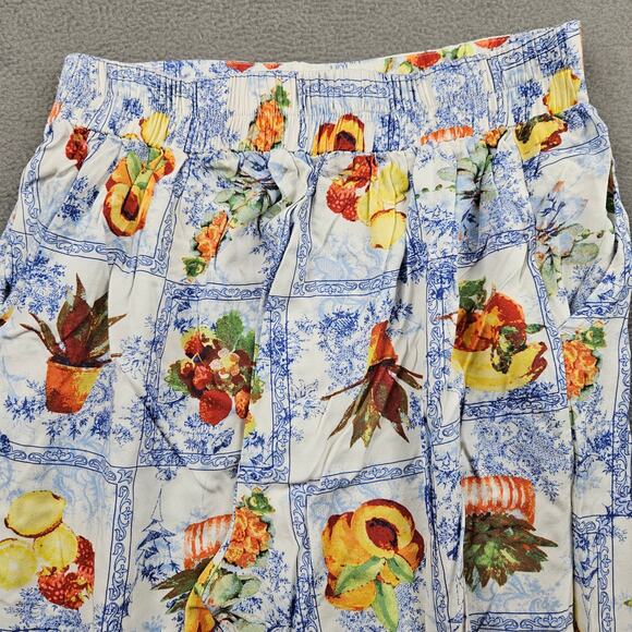 Flowy Pants Womens Small Pull On Peaches Fruit Print Cottage White Blue - Picture 9 of 10
